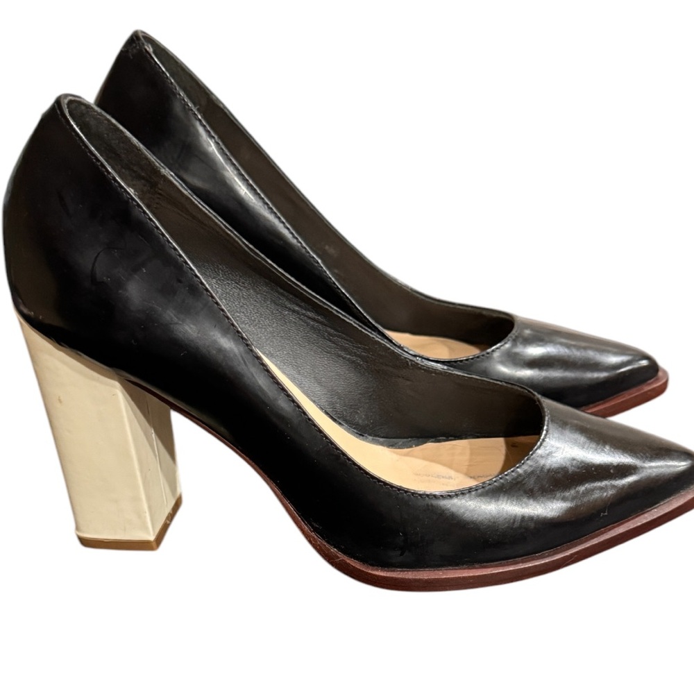 Loeffler Randell size 6.5 black/ white remy patent leather shoes